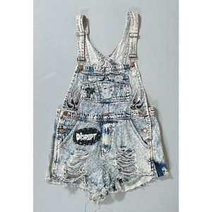 Acid-Wash ‘Disrupt’ ‘Rotten UK’ Punk Patches Denim Jean Shorts Overalls Size S ⛓